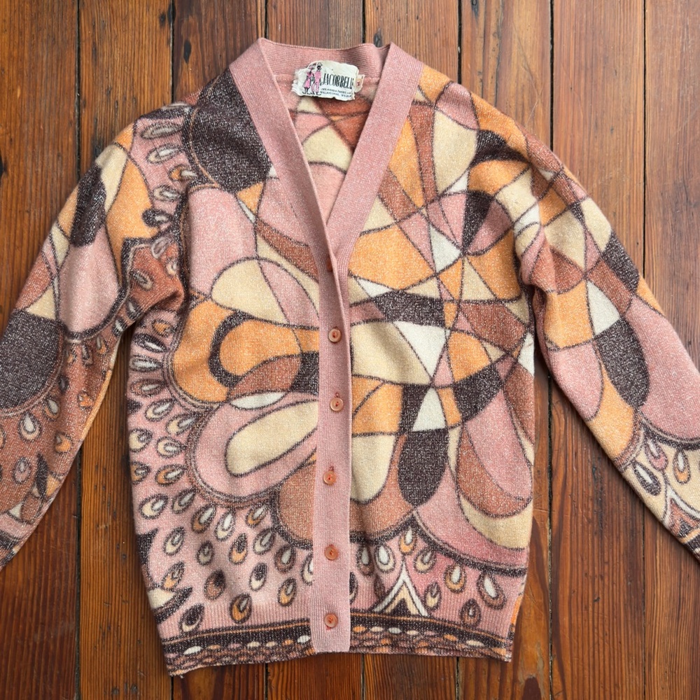 Rare vtg 60s Jacob Belle angora rabbit hair & lambswool metallic knit cardigan - Picture 4 of 11